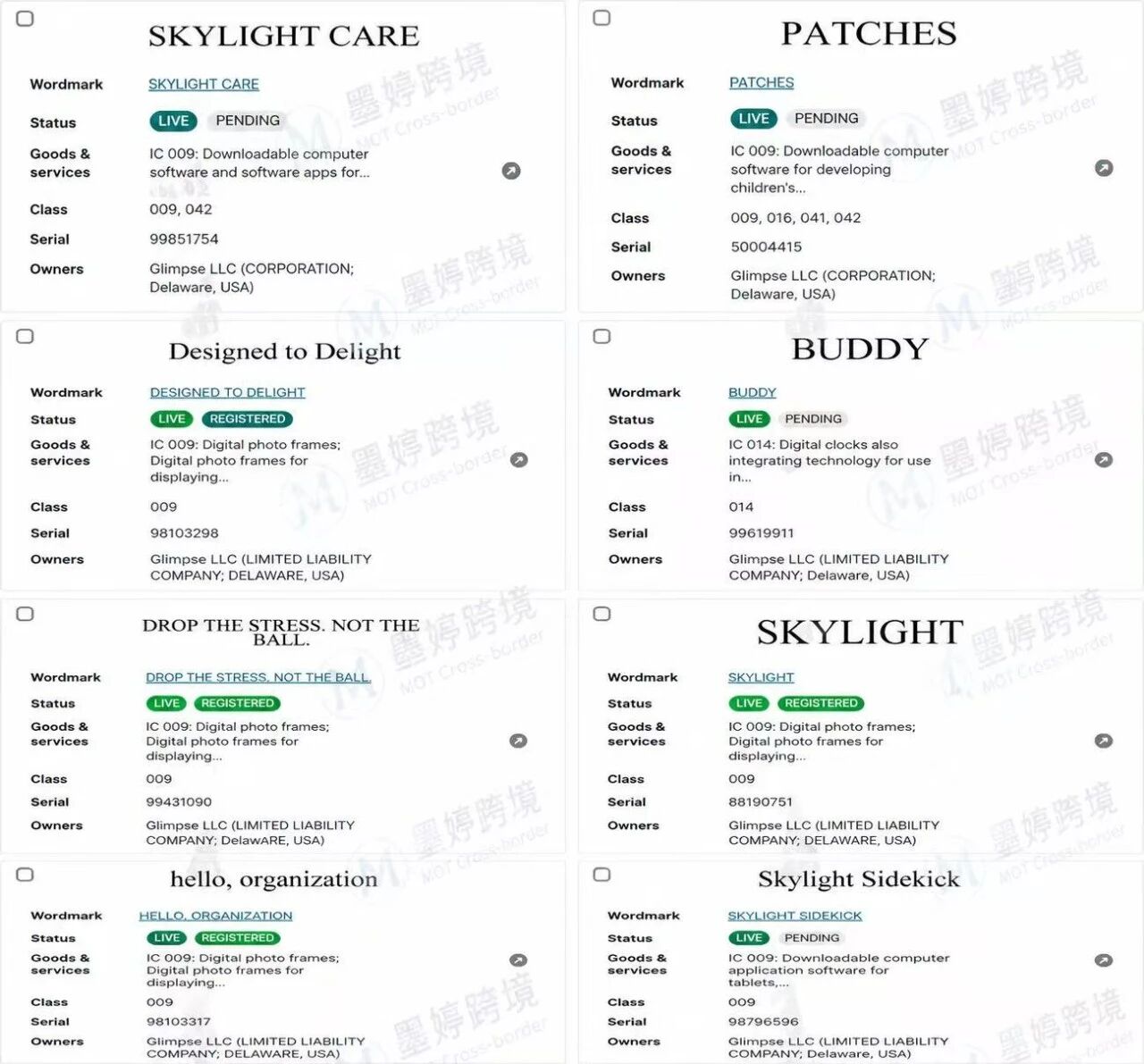 Skylight相关商标及权利检索结果截图