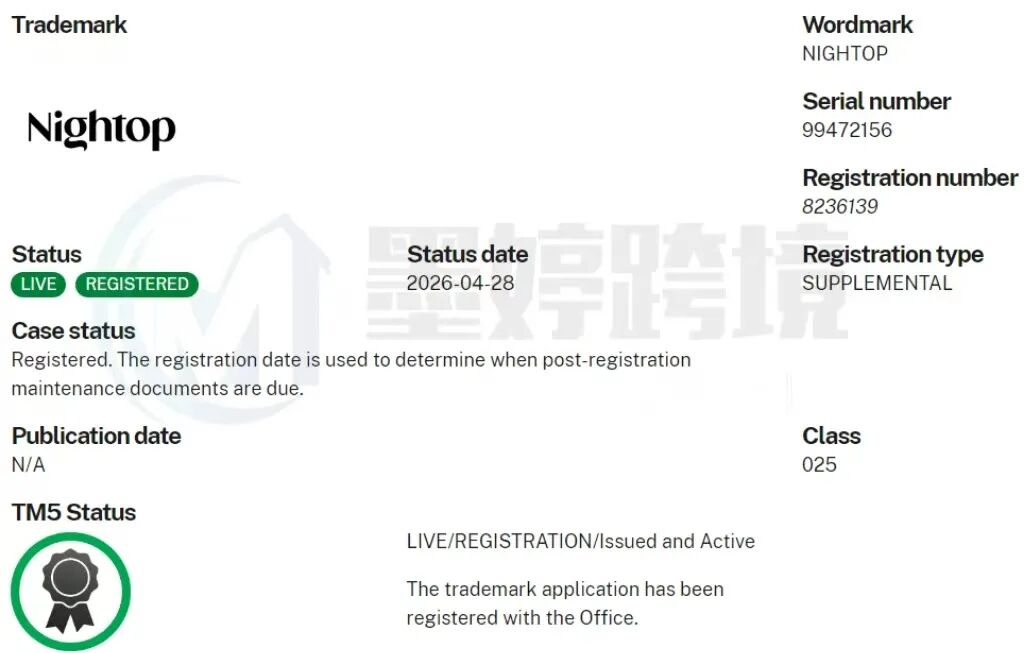 NIGHTOP商标登记信息截图,显示注册号8236139和注册状态