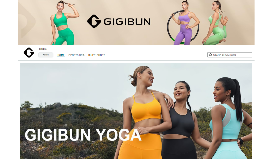 GIGIBUN瑜伽服品牌官网和商品页面截图