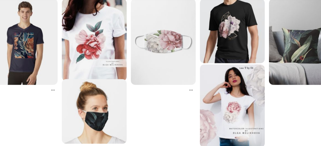 使用花卉图案的服装、口罩和家居用品页面截图