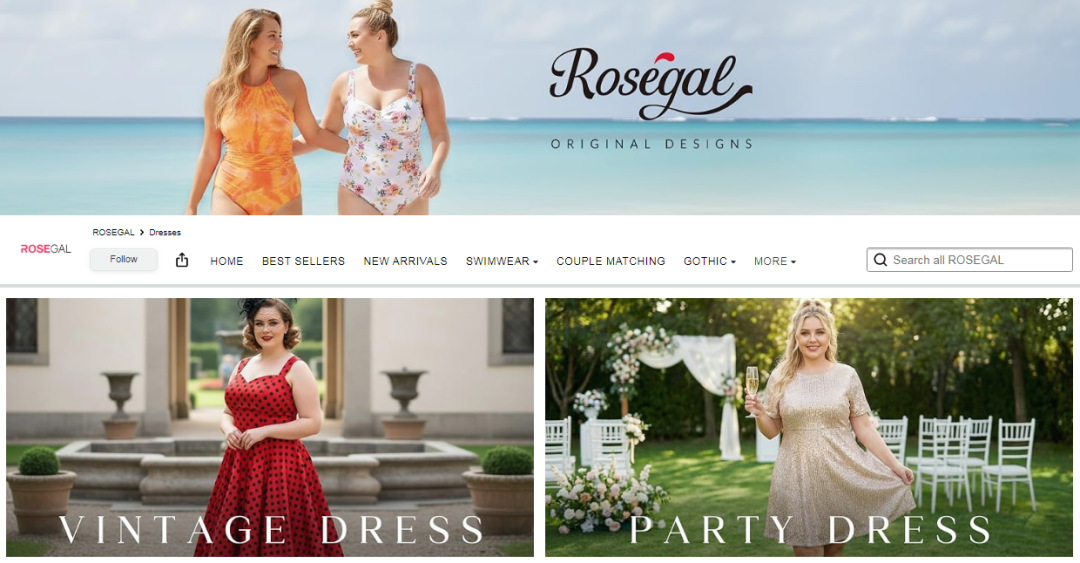 ROSEGAL服装品牌页面及商品展示截图