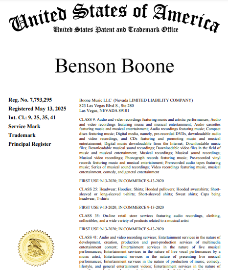 Benson Boone注册号7793295的美国专利商标局记录截图