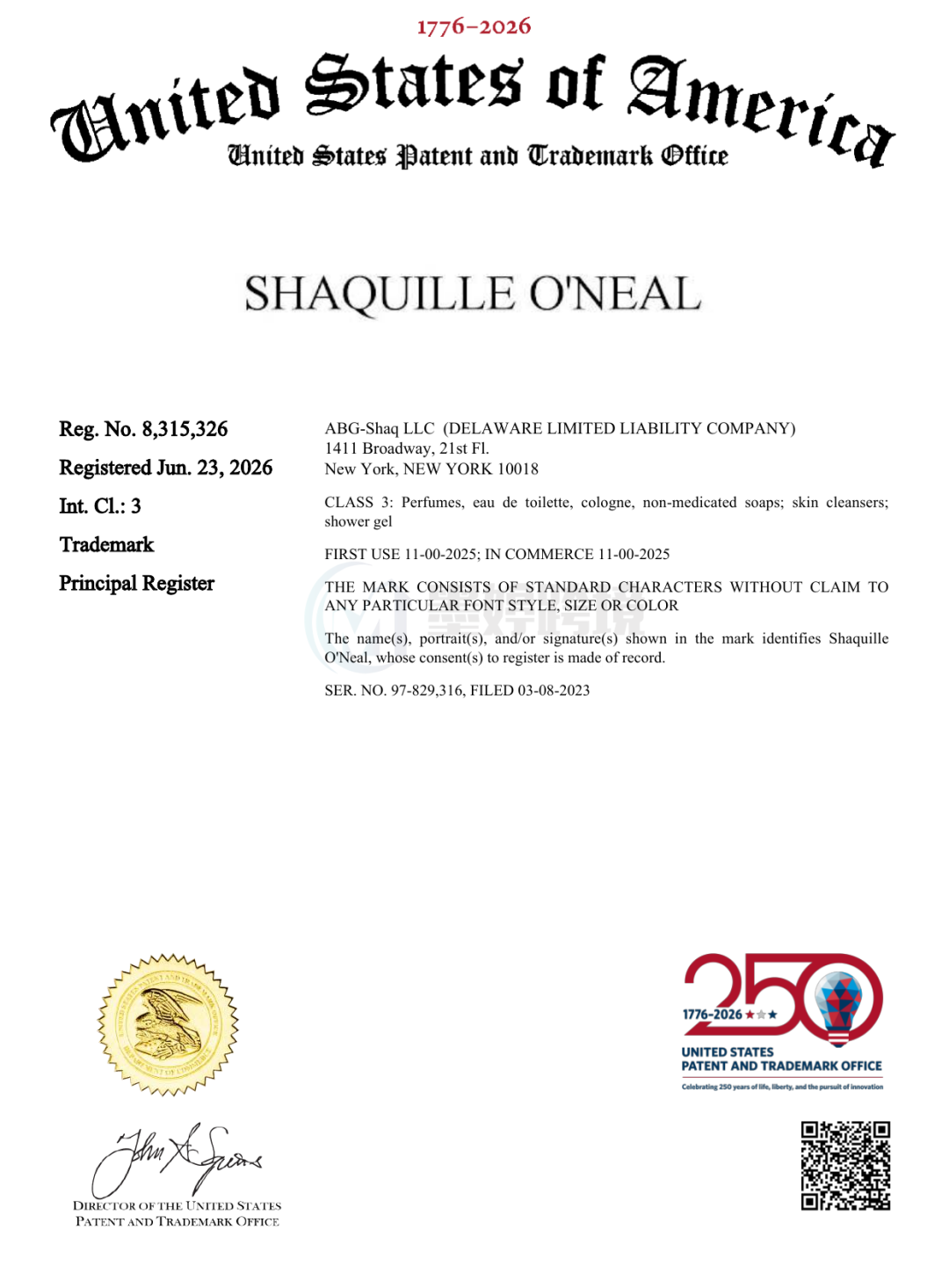 美国专利商标局 SHAQUILLE O’NEAL 商标注册证截图，注册号 8,315,326