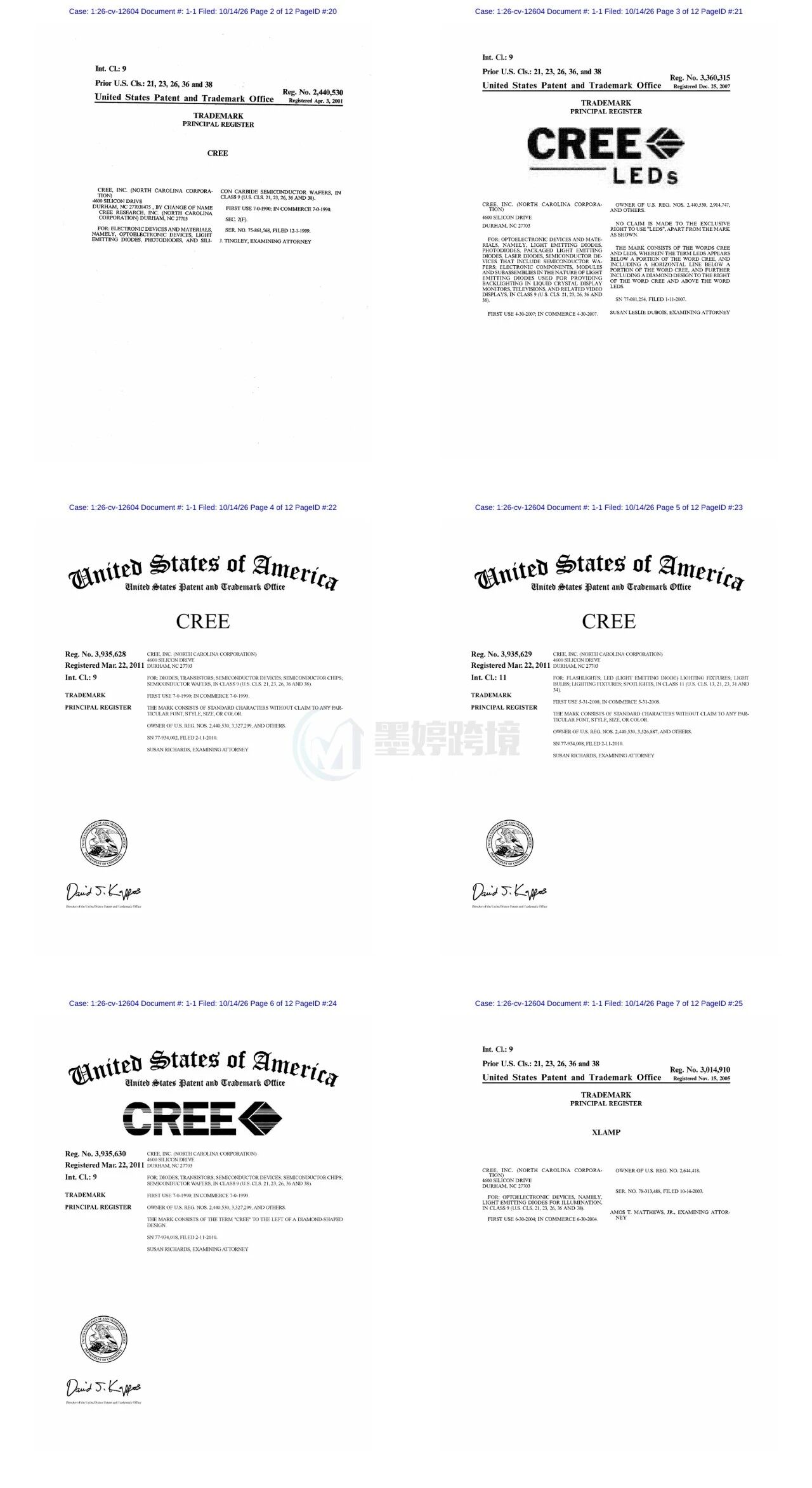 CreeLED相关美国注册商标文件截图一