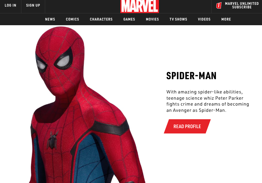 Marvel官方网站中的Spider-Man页面及蜘蛛侠形象
